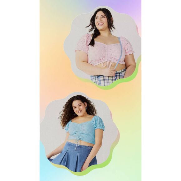 Set of 2 SO Juniors' Plus Size 1X Cinched Front Puff Sleeve Tops in Pink & Blue - Picture 1 of 4